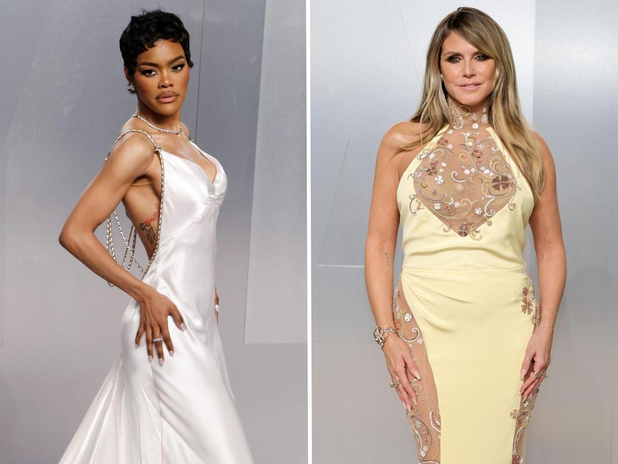 A side-by-side of Teyana Taylor and Heidi Klum at the 2026 Vanity Fair Oscar Party.