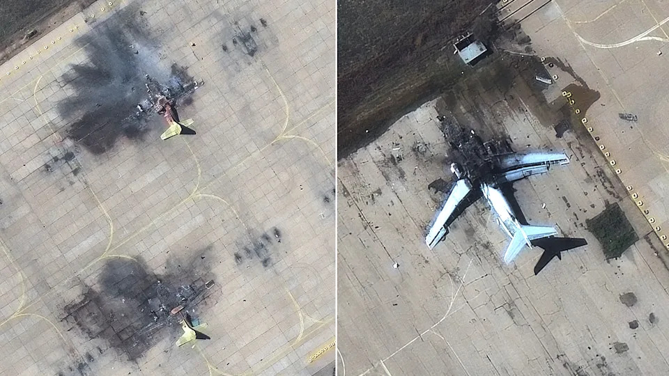 Satellite imagery shows damage to aircraft at Iran's Shiraz air base.