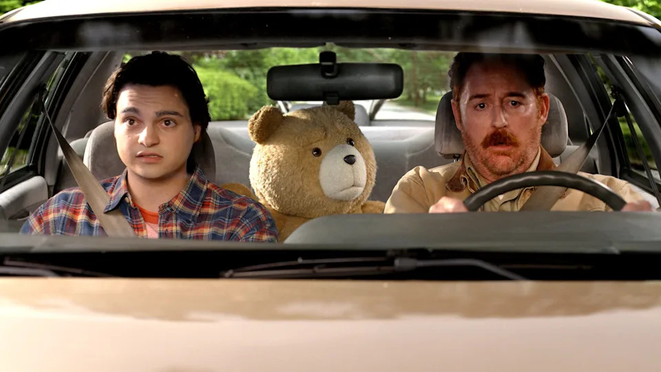 (l-r) Max Burkholder as John, Seth MacFarlane as voice of Ted, and Scott Grimes as Matty. / Peacock