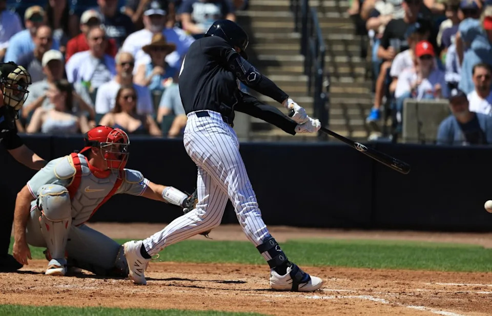 Ryan McMahon connects on a hit during the Yankees’ spring training game March 22. Imagn Images