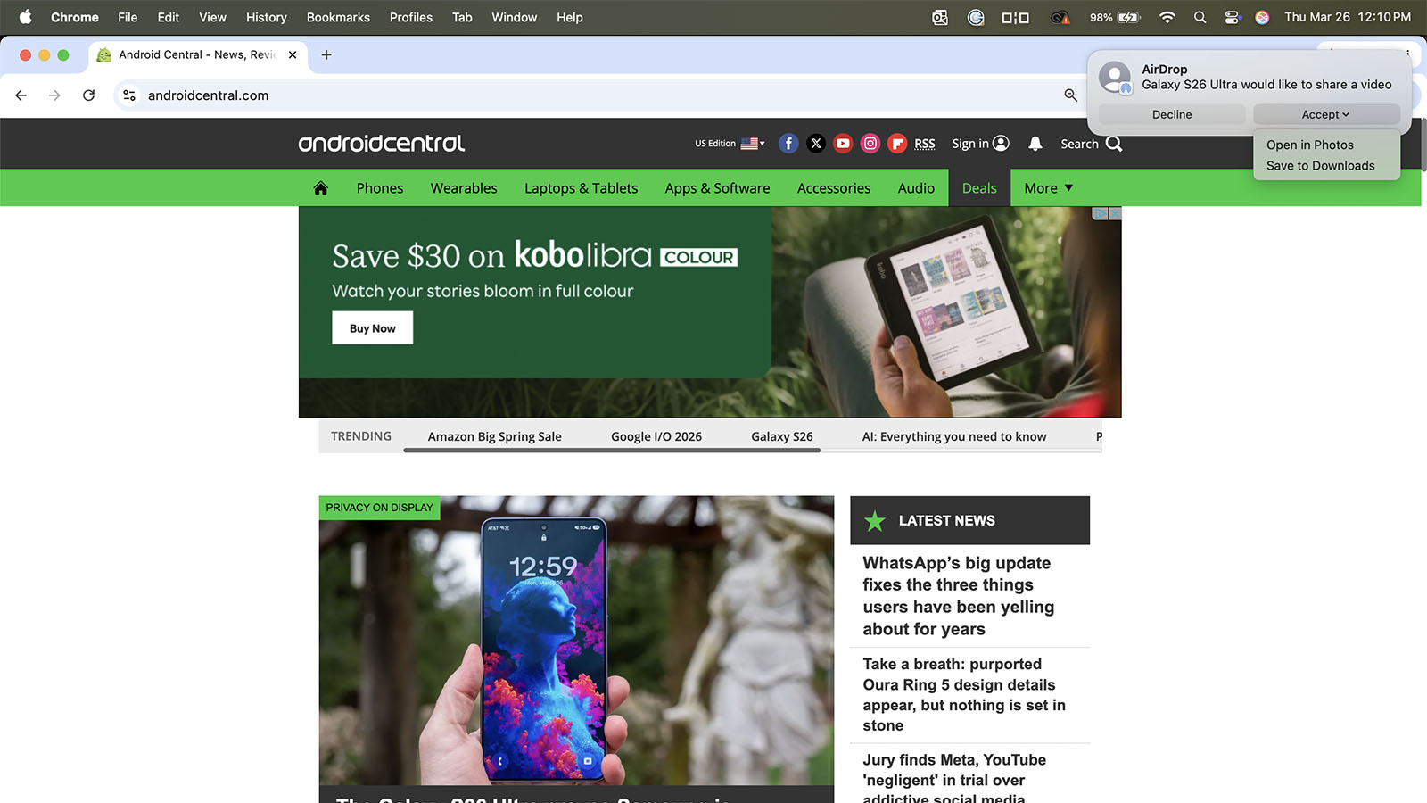 Samsung Galaxy S26 Ultra AirDropping a file to a MacBook.
