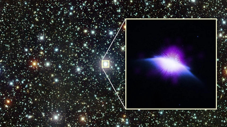 A star blowing a purple, wedge-shaped bubble in space.