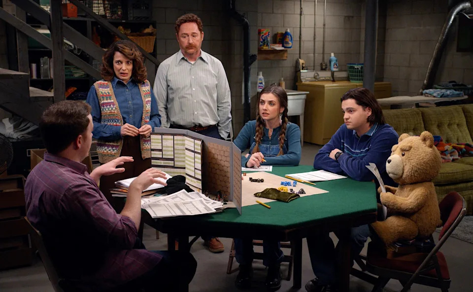 (l-r) Alanna Ubach as Susan, Scott Grimes as Matty, Giorgia Whigham as Blaire, Max Burkholder as John, and Seth MacFarlane as voice of Ted. / Peacock
