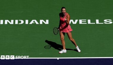 Aryna Sabalenka celebrates winning a point at the Indian Wells Open
