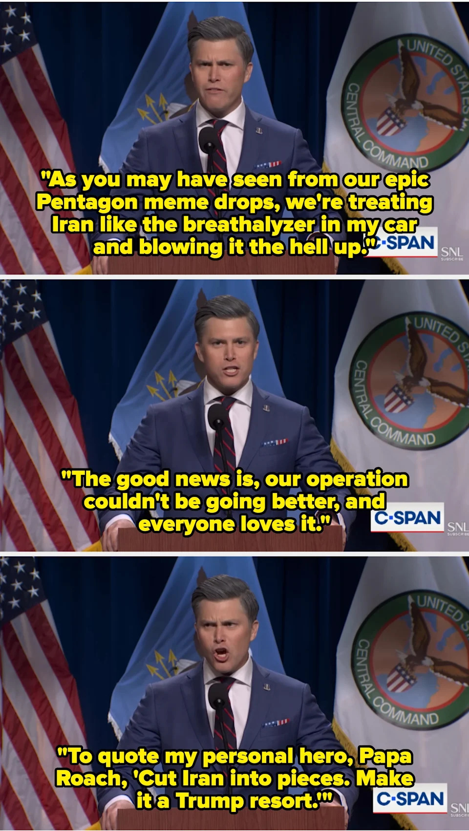 A person in a suit speaks passionately at a podium with U.S. and military flags in the background