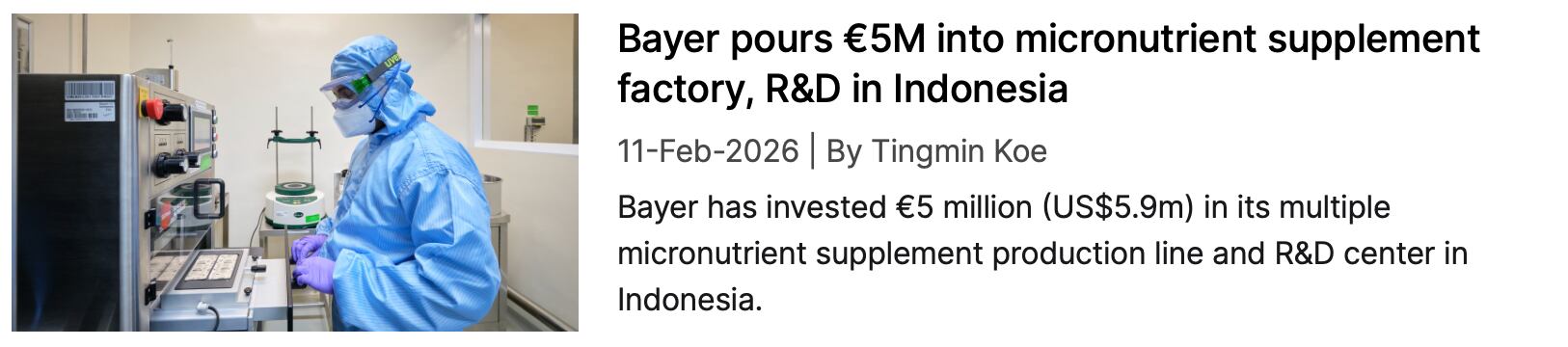 Screenshot of NutraIngredients coverage: "Bayer pours €5M into micronutrient supplement factory, R&D in Indonesia"
