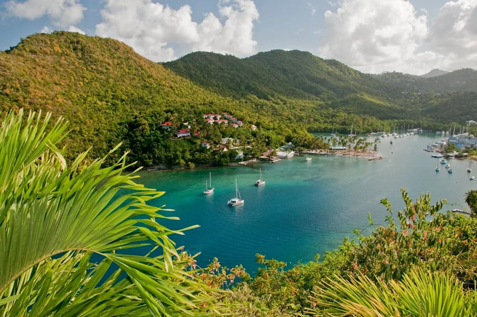 Marigot Bay's protected harbor and lush hillsides make it one of Saint Lucia's most picturesque spots—a glimpse of the natural beauty that attracts retirees to this Eastern Caribbean island.Credit: Wildroze / Getty Images