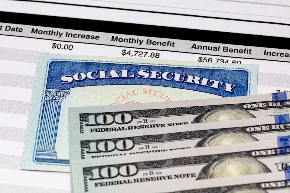 A close-up shot shows a Social Security card partially overlaid with three one-hundred dollar bills. Behind these, a financial document displays 'Monthly Increase $0.00', 'Monthly Benefit $4,727.88', and 'Annual Benefit $56,734.60'.