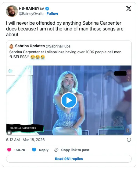 Tweet by @RaineyOvalle reacting to Sabrina Carpenter's Lollapalooza performance, mentioning songs calling men "useless." Viral tweet with many likes