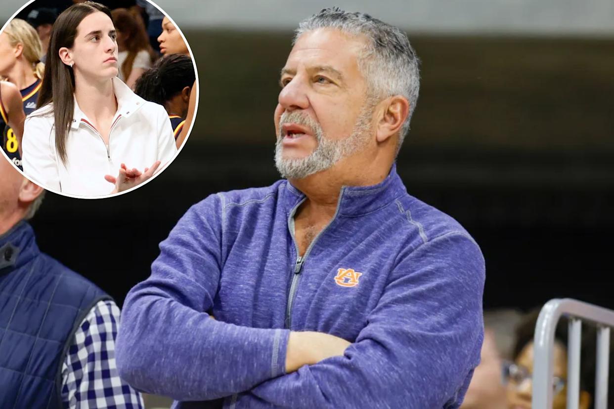 An image collage containing 2 images, Image 1 shows TNT analyst Bruce Pearl, Image 2 shows Caitlin Clark on the bench with the Indiana Fever basketball team