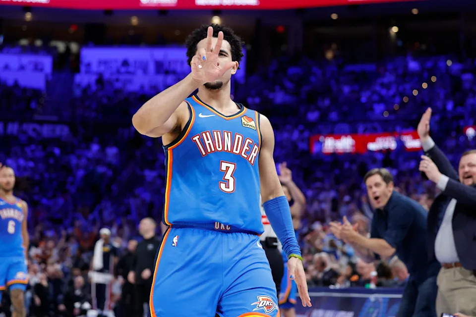 Mar 9, 2026; Oklahoma City, Oklahoma, USA; Oklahoma City Thunder guard Jared McCain (3) gestures after scoring against the Denver Nuggets during the second half at Paycom Center. Mandatory Credit: Alonzo Adams-Imagn Images