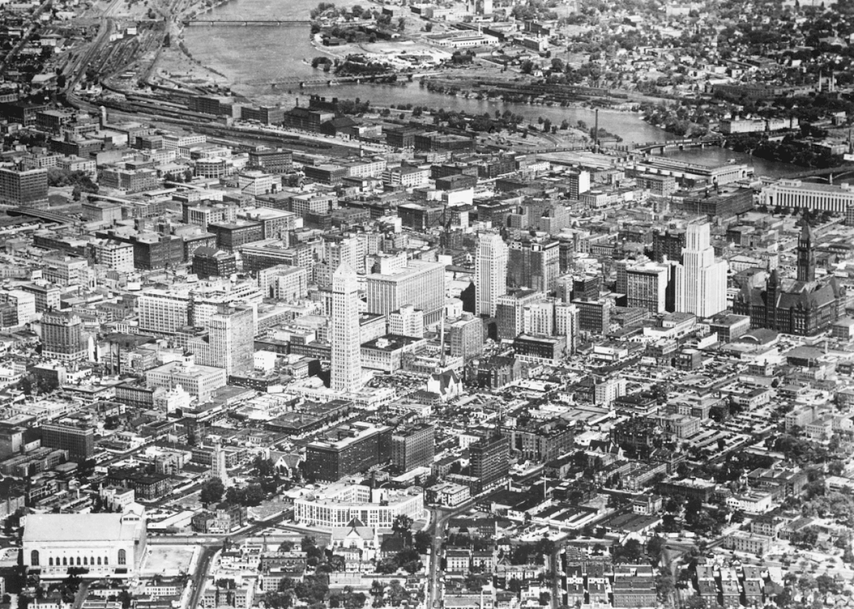 Aerial view, looking north, of downtown Minneapolis, Minnesota, in the 1950s. - 