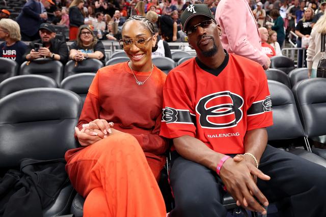INDIANAPOLIS, INDIANA - JULY 18: A’ja Wilson #22 of the Las Vegas Aces talks with boyfriend Bam Adebayo of the Miami Heat prior to the WNBA STARRY 3-Point Contest during the 2025 AT&T WNBA All-Star weekend at Gainbridge Fieldhouse on July 18, 2025 in Indianapolis, Indiana. NOTE TO USER: User expressly acknowledges and agrees that, by downloading and or using this photograph, User is consenting to the terms and conditions of the Getty Images License Agreement. (Photo by Steph Chambers/Getty Images)