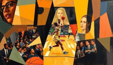 A fragmented, geometric painting depicting the overlapping planes and perspectives of a WNBA player in motion, conveying the sport