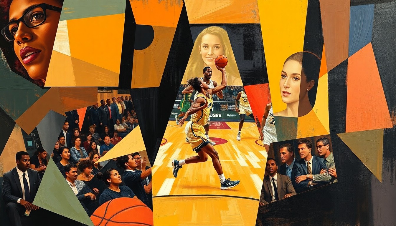 A fragmented, geometric painting depicting the overlapping planes and perspectives of a WNBA player in motion, conveying the sport