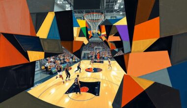 A fragmented, geometric painting depicting the movements and energy of a WNBA basketball game, with sharp planes of color and form representing the competitive action on the court.