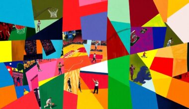 A cubist, geometric painting depicting a basketball game or match, with sharp, overlapping planes of vibrant colors representing the teams