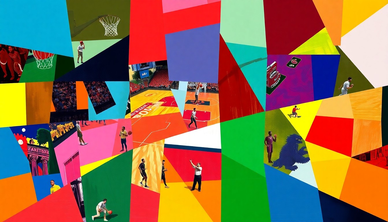 A cubist, geometric painting depicting a basketball game or match, with sharp, overlapping planes of vibrant colors representing the teams