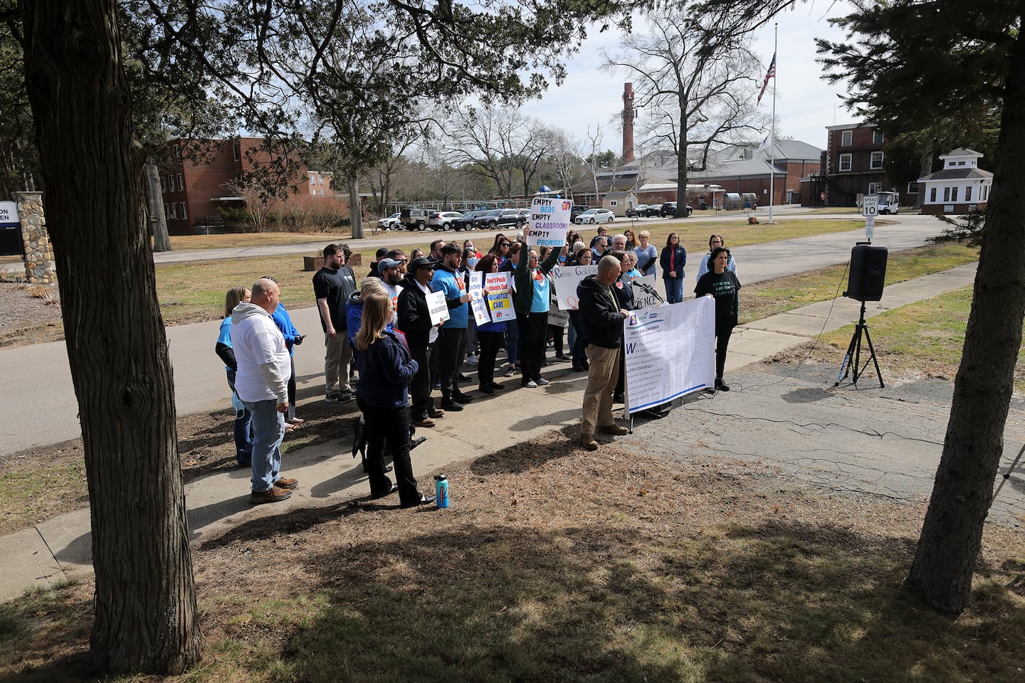 The staff rallied outside Pappas Rehabilitation Hospital for Children.