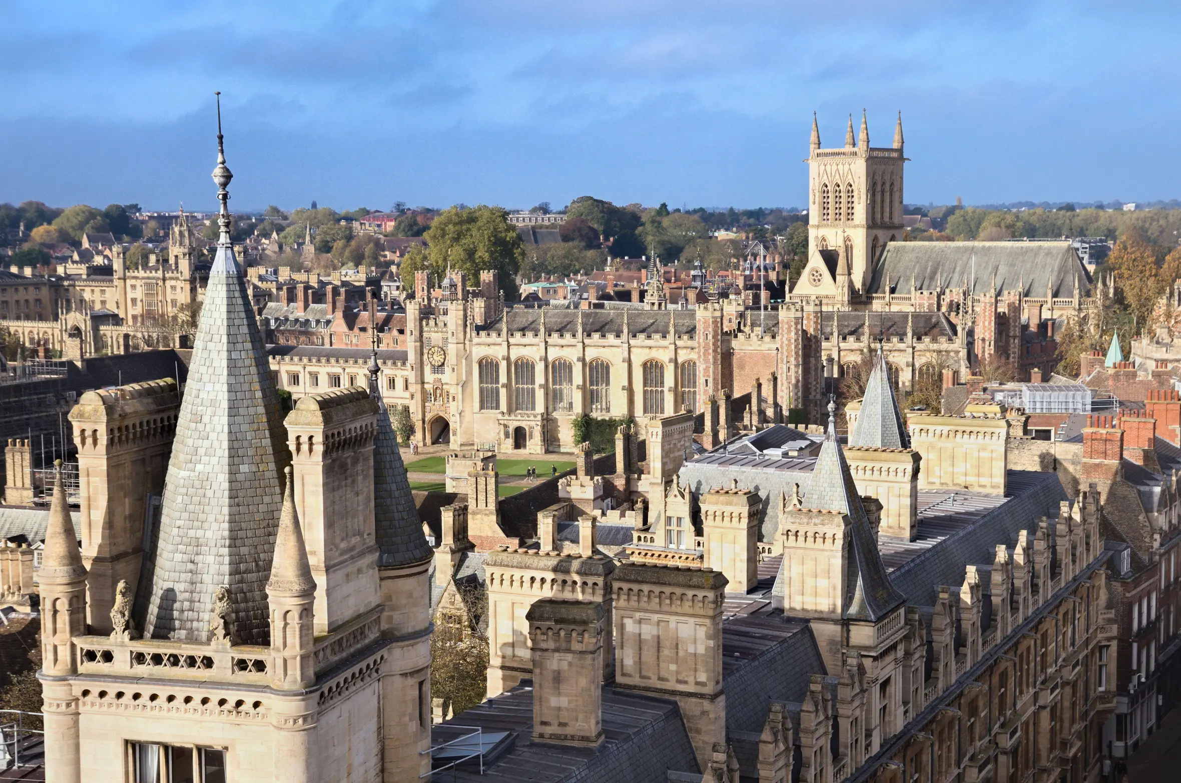 View of Trinity College and St John's College Chapel tower, University of Cambridge, from Great St Mary's Church tower.