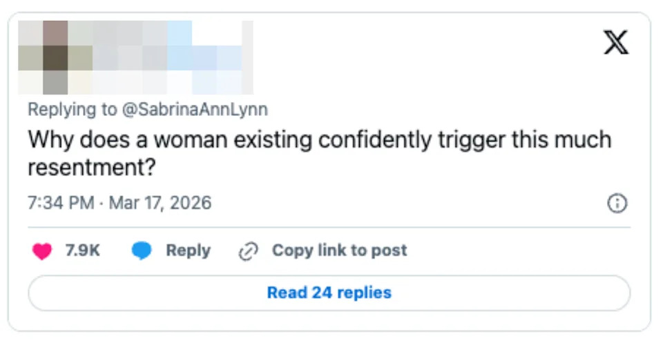 Tweet from @HerWay: "Why does a woman existing confidently trigger this much resentment?" 7.9K likes, 524 replies, March 17, 2026