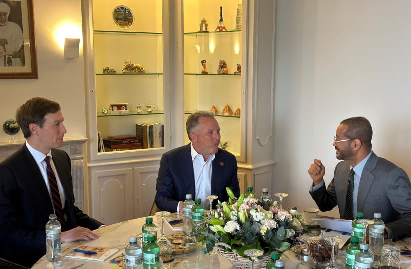 Oman's Foreign Minister Sayyid Badr bin Hamad Al Busaidi meets with US Special Envoy Steve Witkoff and US President Donald Trump's son-in-law, Jared Kushner ahead of the indirect US-Iran talks, in Geneva, Switzerland, February 17, 2026.