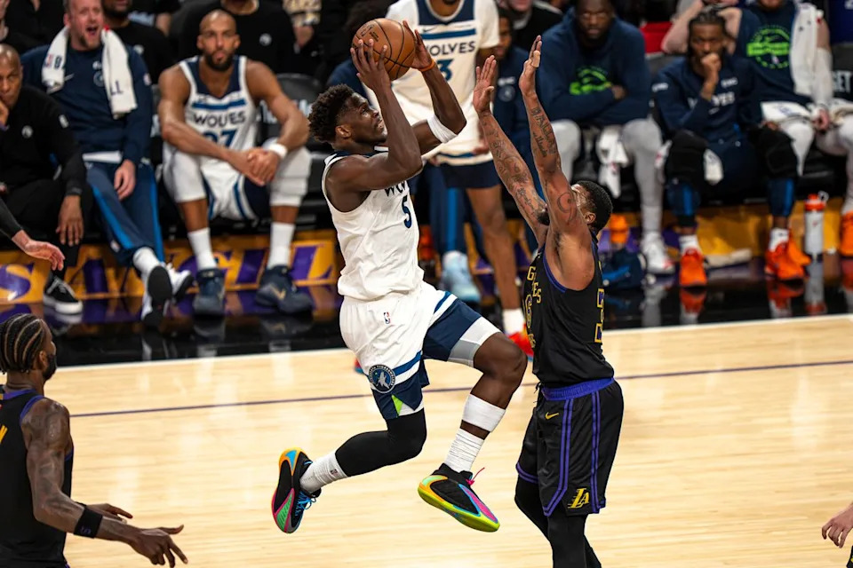 Minnesota Timberwolves guard Anthony edwards (5) successfully shooting for two points during an NBA basketball game against the Los Angeles Lakers on March 10th, 2026 in Los Angeles, CA.
