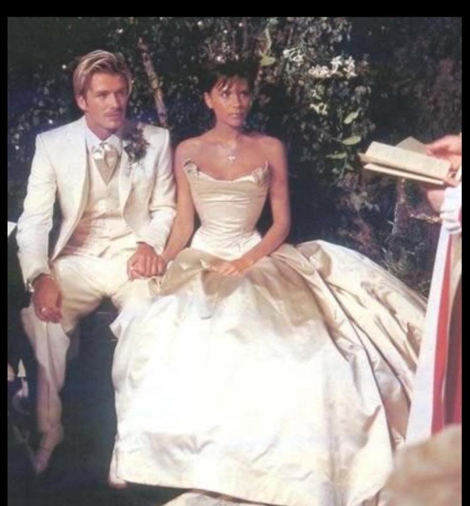 Victoria Beckham went bold for her big day in 1999, wearing a corseted Vera Wang gown with a 20-foot train. davidbeckham/instagram