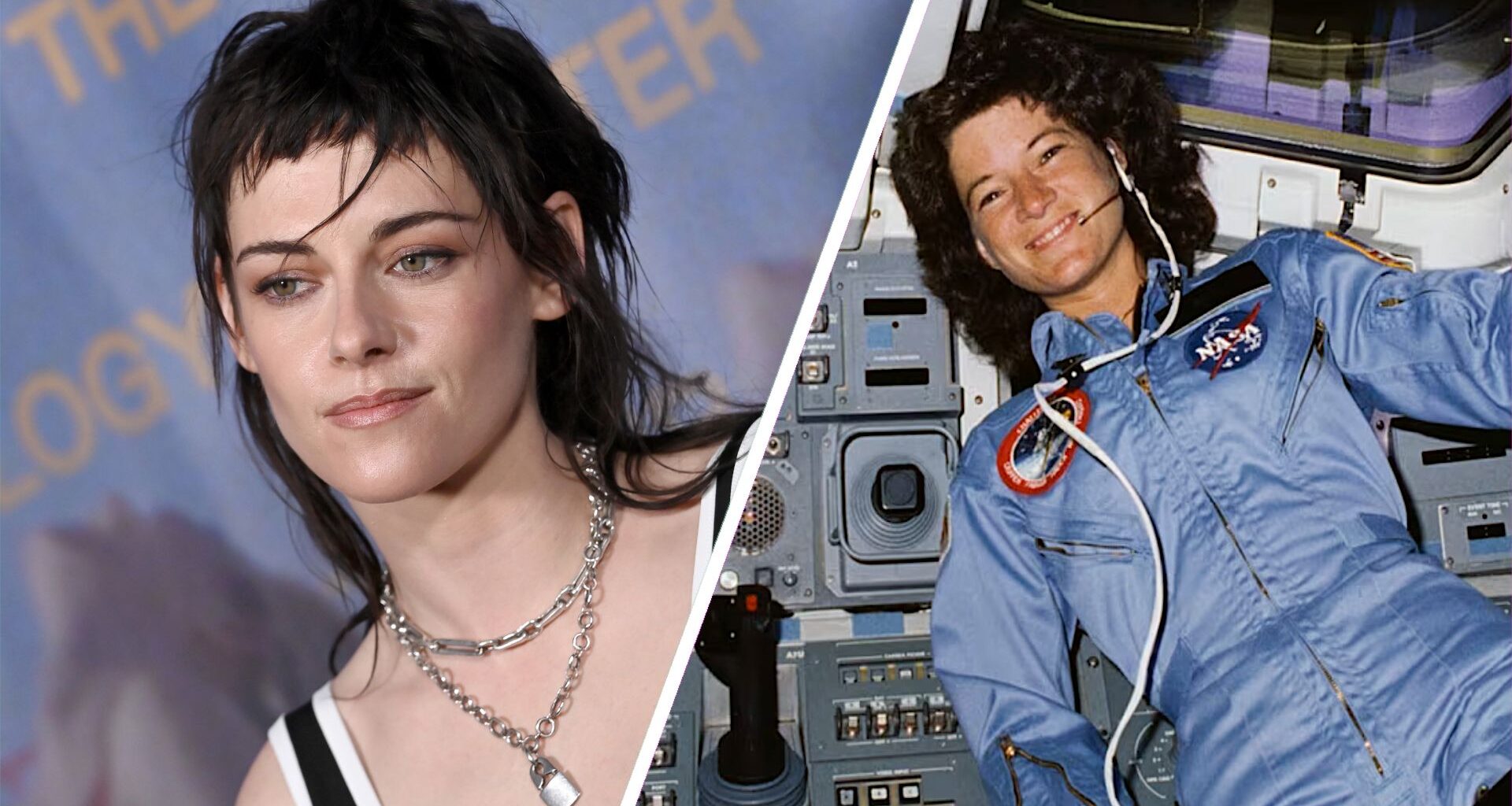 Split image showing actor Kristen Stewart on the left, and astronaut Sally Ride on the right.
