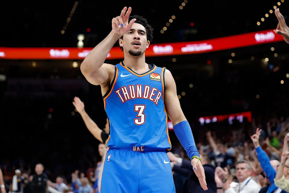 Mar 9, 2026; Oklahoma City, Oklahoma, USA; Oklahoma City Thunder guard Jared McCain (3) gestures after scoring against the Denver Nuggets during the second half at Paycom Center. Mandatory Credit: Alonzo Adams-Imagn Images