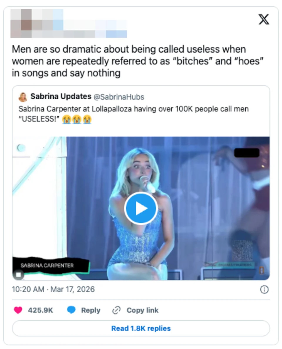 Social media post discussing the double standards in language regarding men and women, highlighting a comment by Sabrina Carpenter at Lollapalooza
