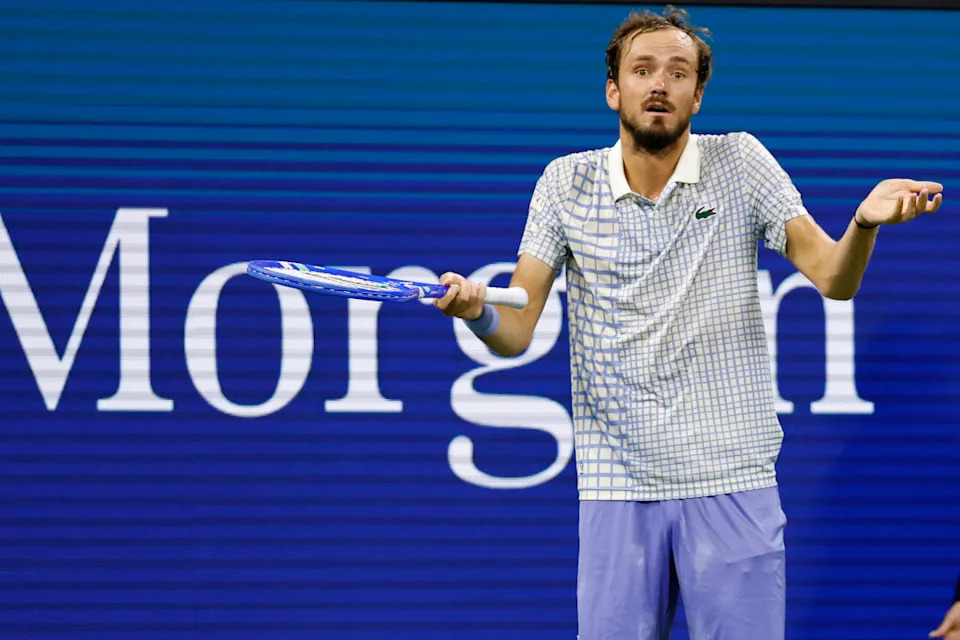 Aug 24, 2025; Flushing, NY, USA; Daniil Medvedev gestures after losing a point against Benjamin Bonzi (FRA)(R) on day one of the 2025 US Open at USTA Billie Jean King National Tennis Center. Mandatory Credit: Geoff Burke-Imagn Images© Geoff Burke-Imagn Images&period;