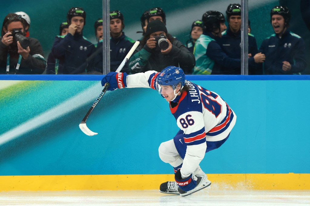 Jack Hughes of Team United States scoring the game-winning goal in overtime.