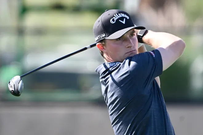 Blades Brown hits his tee shot on the first hole during the second round of the 2026 American Express on the Nicklaus Tournament Course.