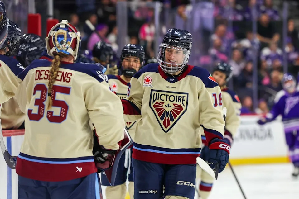 Hayley Scamurra of the Montréal Victoire celebrates a goal against the Minnesota Frost during the third period at Grand Casino Arena on March 25, 2026 in St Paul, Minnesota. Getty Images