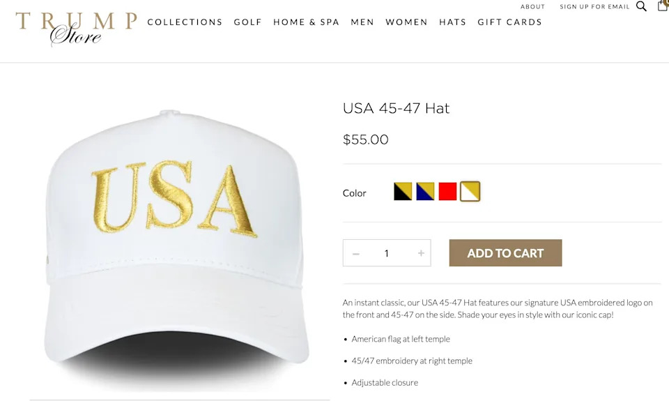 A purchasable version of the hat Trump wore during the dignified transfer of six troops killed after he ordered unauthorized strikes on Iran. / Screenshot/Trump Store