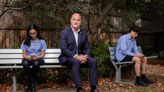 David Opat, Vice Principal of King David School in Armadale, with Year 9 students Minnie Rose and Noah Wise. Opat is leading the school’s fightback against social media.