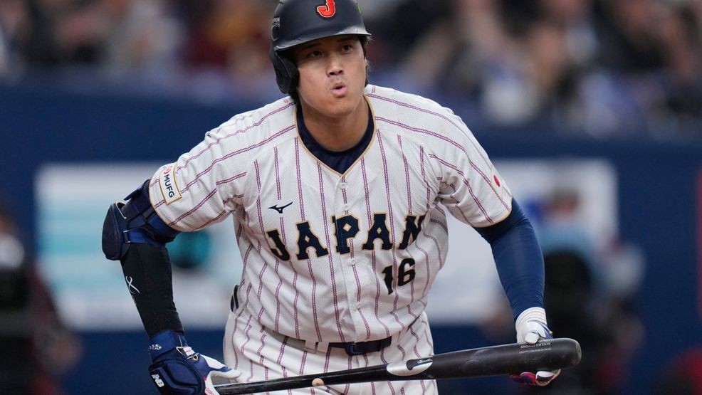 Shohei Ohtani of Japan reacts during the exhibition game between Japan national team and Orix Buffaloes prior to the Pool C games at the World Baseball Classic on Monday, March 2, 2026 in Osaka, western Japan. (AP Photo/Eugene Hoshiko)