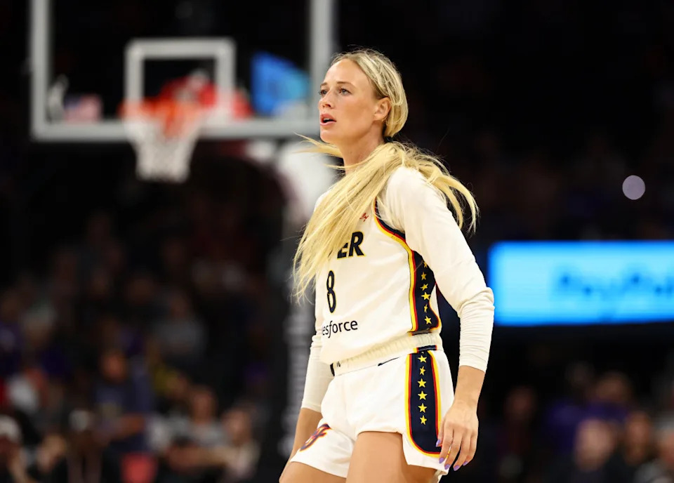 Aug 7, 2025; Phoenix, Arizona, USA; Indiana Fever guard Sophie Cunningham (8) against the Phoenix Mercury during an WNBA game at PHX Arena. Mandatory Credit: Mark J. Rebilas-Imagn Images© Mark J&period; Rebilas-Imagn Images&period;