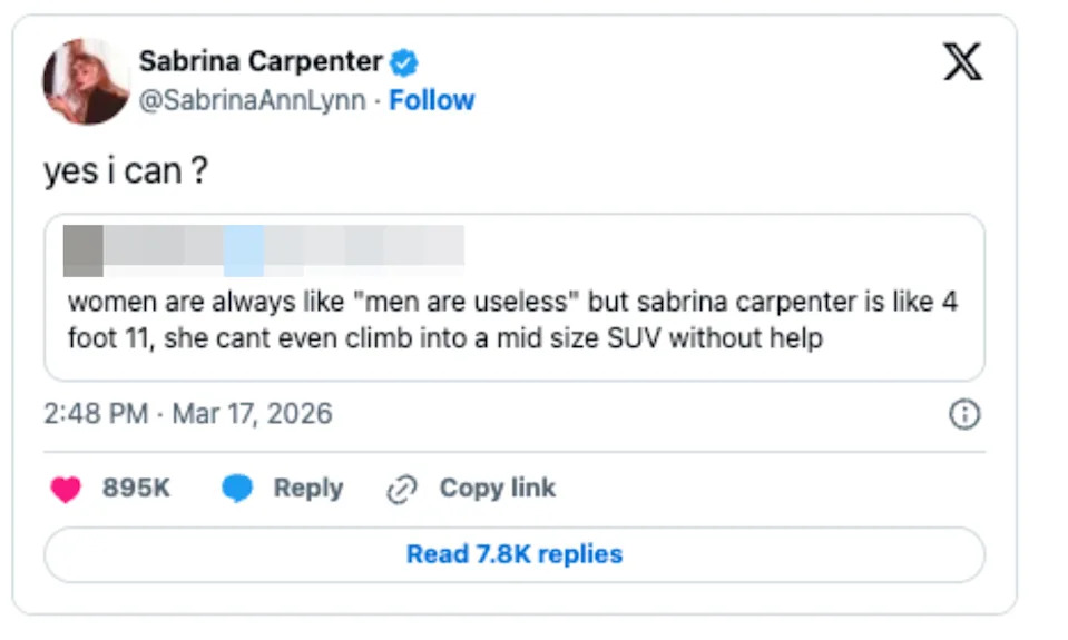 Sabrina Carpenter responds "yes I can?" to a tweet mocking her height-related SUV challenge