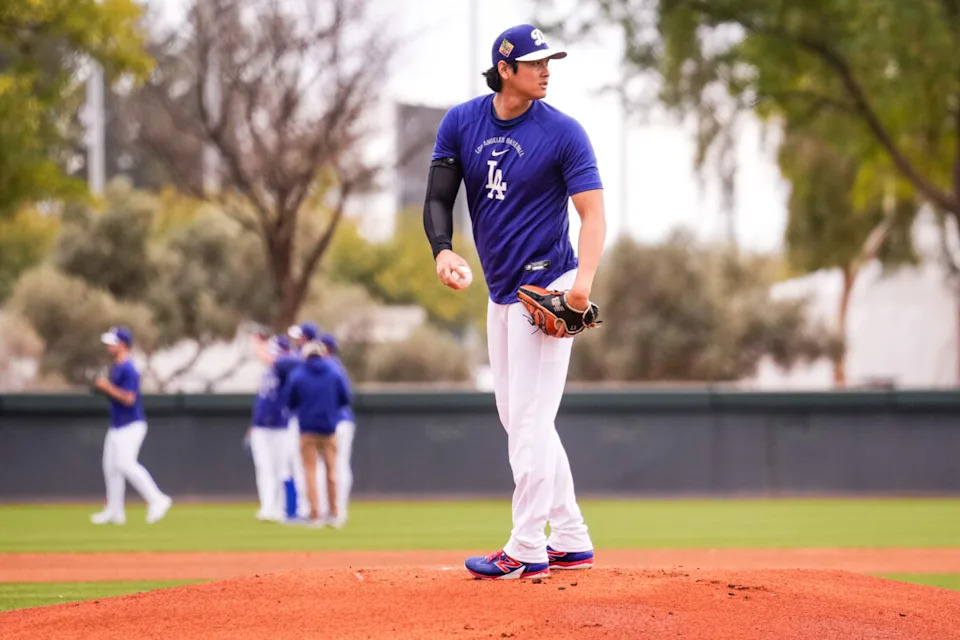Feb 18, 2026; Glendale, AZ, USA; Los Angeles Dodgers Pitcher/Designated hitter Shohei Ohtani (17) on the mound during Los Angeles Dodger workouts at Camelback Ranch in Glendale, Arizona. Mandatory Credit: Arianna Grainey-Imagn Images