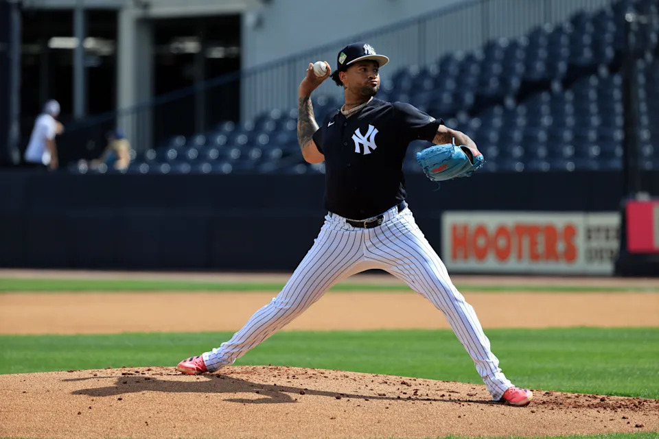 Feb 12, 2026; Tampa, FL, USA; New York Yankees pitcher Luis Gil (81) throws a pitch during live batting practice during spring training workouts at George M. Steinbrenner Field. Mandatory Credit: Kim Klement Neitzel-Imagn Images