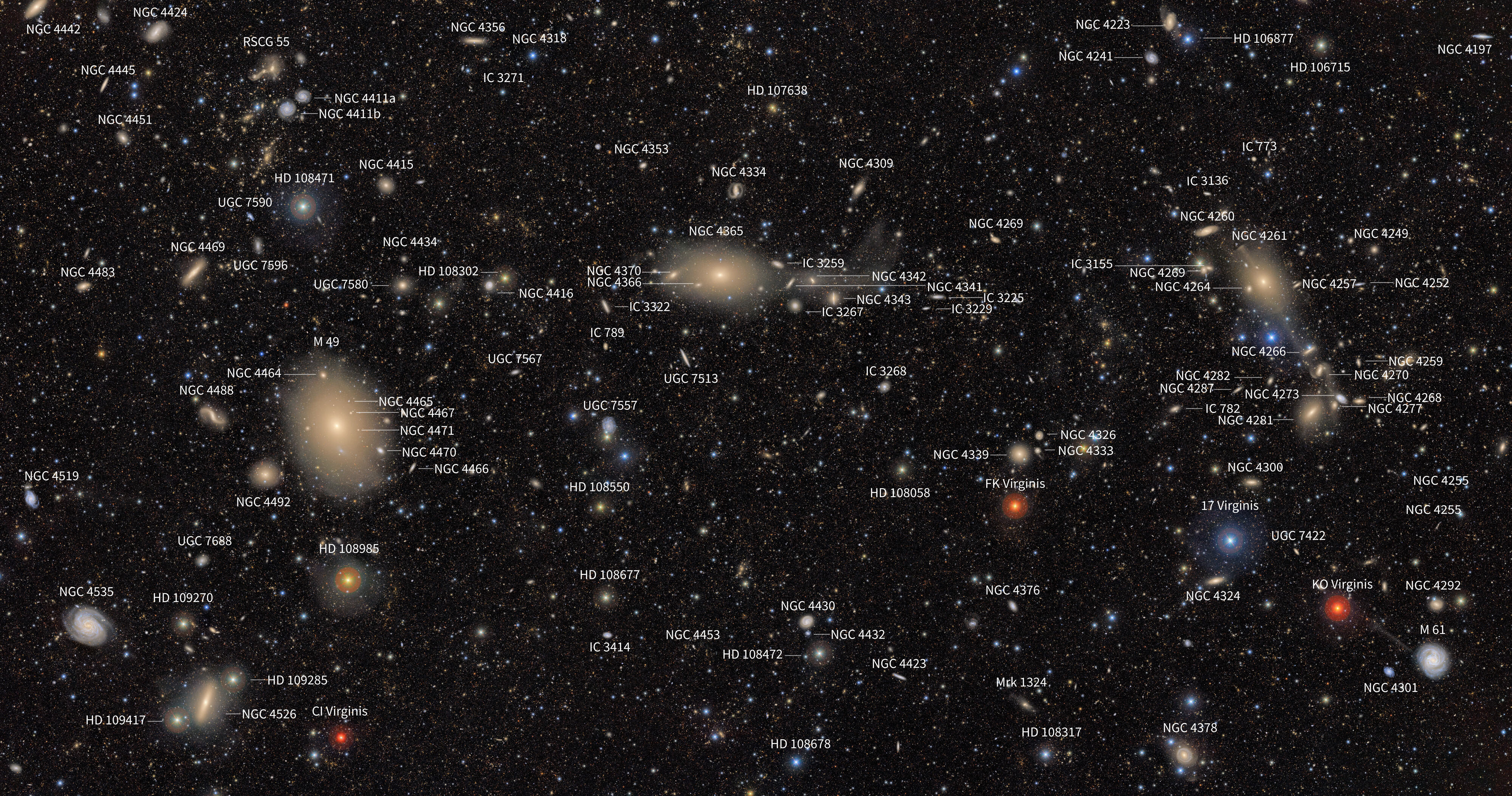 The Rubin Observatory's view of the sky shows millions of galaxies. Some are swirly, some are red, some are glowing hazes and some are tiny. Many of them are labeled.