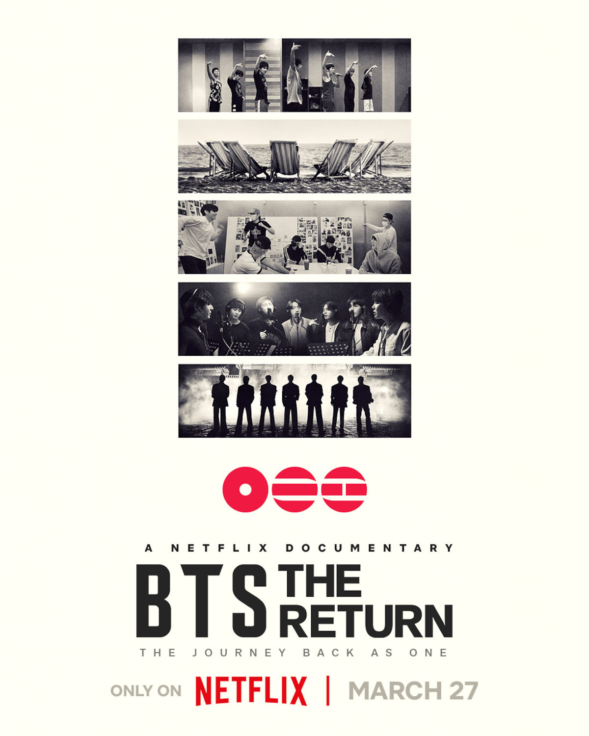 Poster for a Netflix documentary titled "BTS The Return," featuring black-and-white images of a boy band in various settings, beach chairs, group rehearsals, and silhouettes, with premiere date March 27 and Netflix branding.