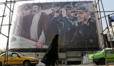 A view of a banner featuring Iranâ€™s new Supreme Leader Mojtaba Khamenei and senior commanders of the Islamic Revolutionary Guard Corps (IRGC) as the attacks by the United States and Israel against Iran continue on March 14, 2026.