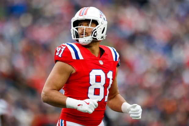 New England Patriots tight end Austin Hooper reacts during the first half of an NFL game against the Houston Texans on Oct. 13 in Foxboro. (AP Photo/Greg M. Cooper)