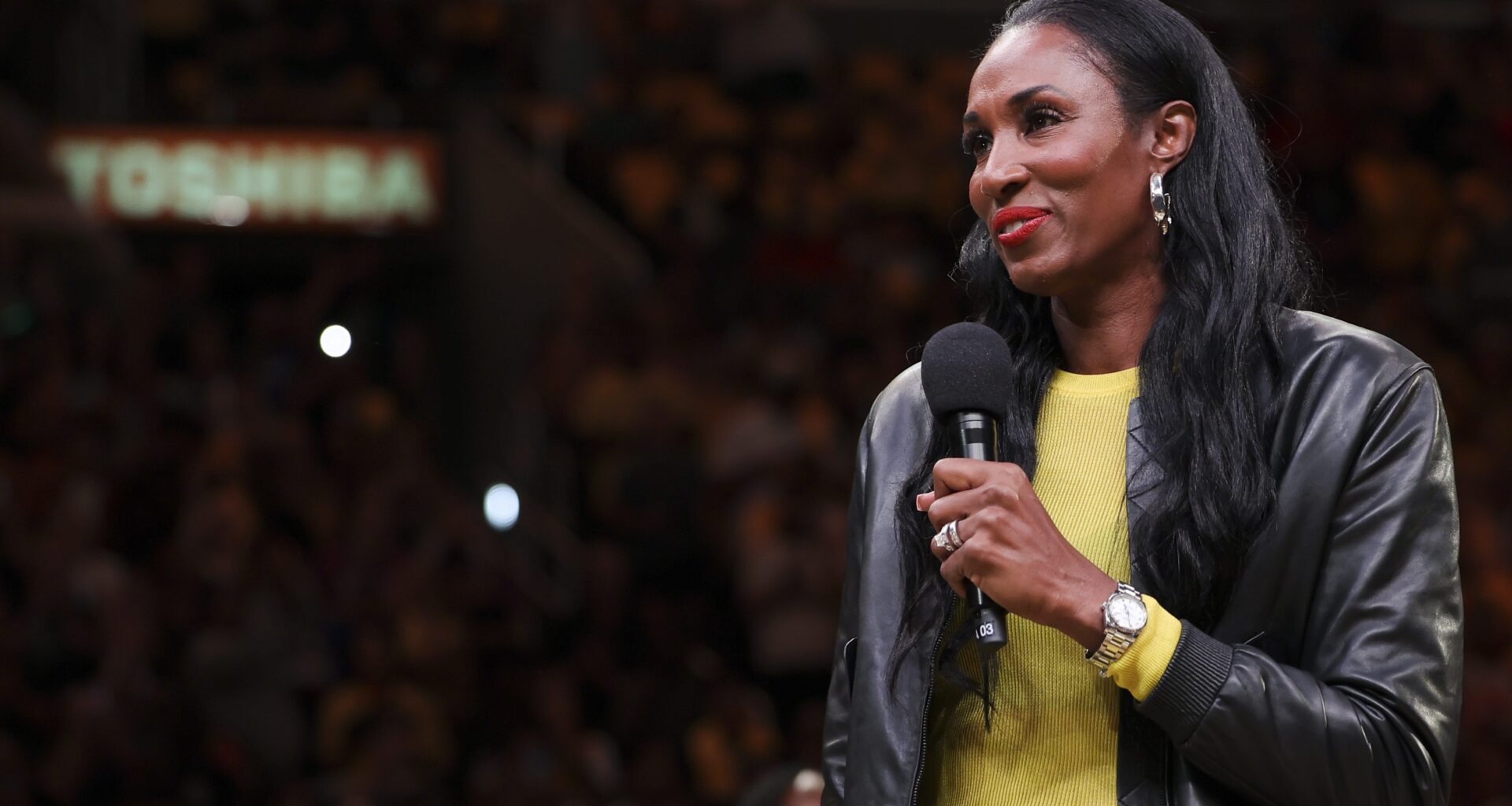 Lisa Leslie reacts during the jersey retirement ceremony for former Los Angeles Sparks teammate Candace Parker on June 29, 2025, in Los Angeles.