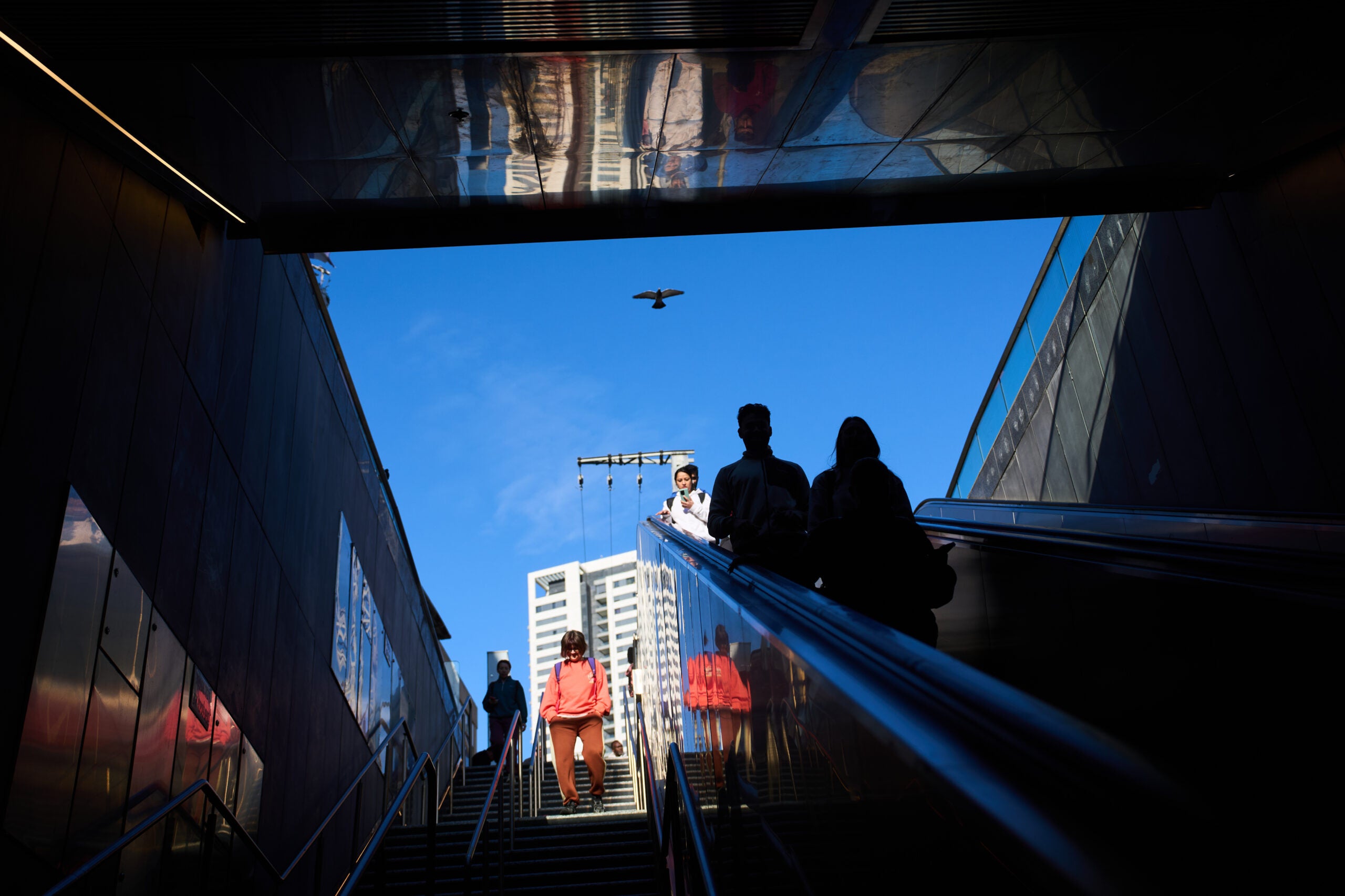 People ascend outdoor stairs and an escalator from an underground area toward a bright blue sky; a bird flies above and a building is visible in the background.