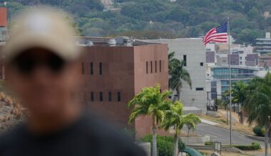 An American flag flies again at the US Embassy in Caracas, Venezuela, Saturday, March 14, 2026, seven years after it was lowered when Washington and Caracas cut diplomatic relations in 2019. (AP Photo/Ariana Cubillos)