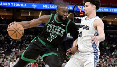 Boston Celtics guard Jaylen Brown (7) drives against Memphis Grizzlies guard Walter Clayton Jr. (4) in the second half of an NBA basketball game Friday, March 20, 2026, in Memphis, Tenn. (AP Photo/Brandon Dill)